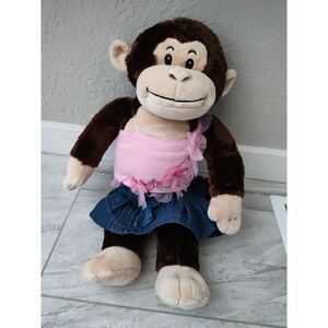 Build A Bear Monkey Chimpanzee Brown Plush Stuffed 18” Denim Skirt Pink Top